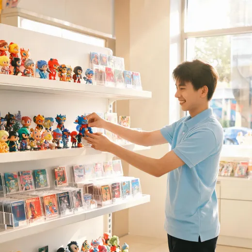 Retail display planner arranging toy figures