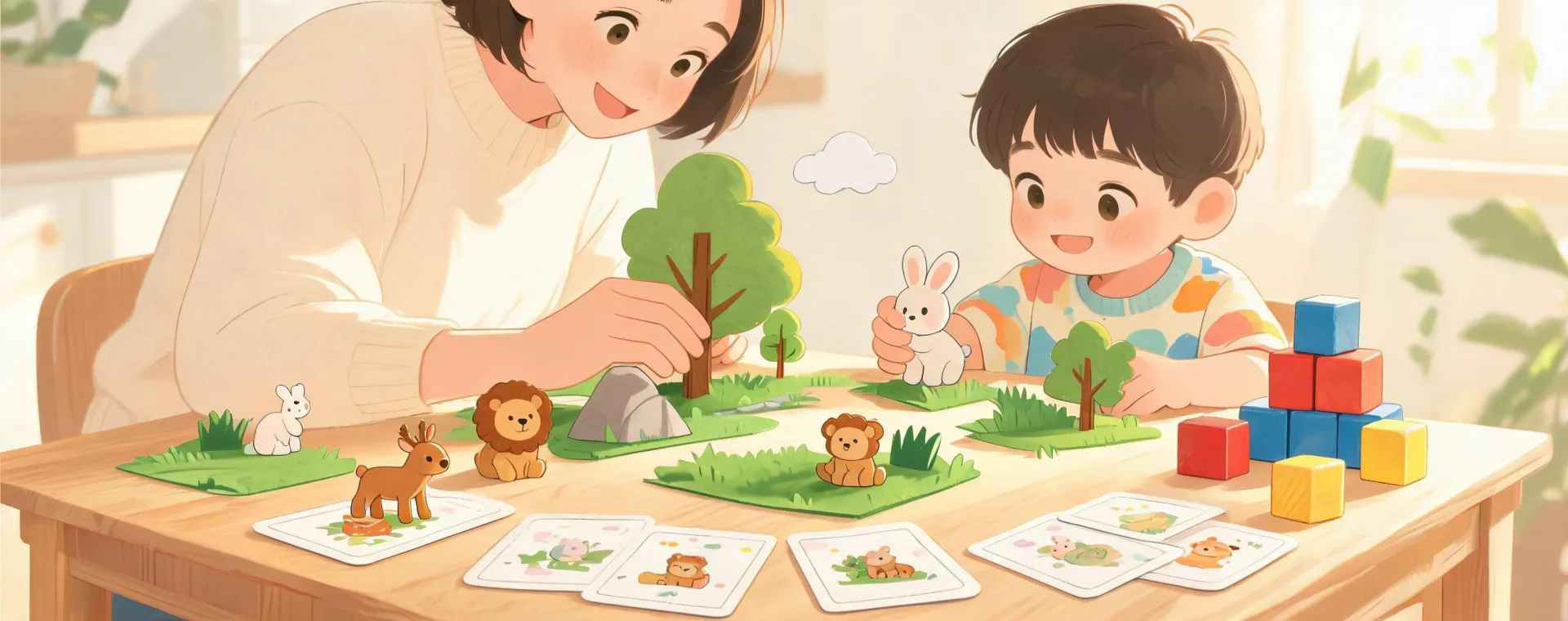 Parent and child making play scenes with toy figures